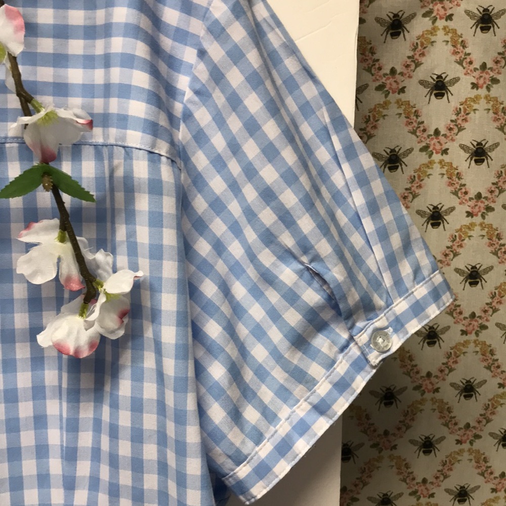 Vintage Plaid 1950 vibe button down top button down blue checkered Cotton XL - Picture 3 of 10